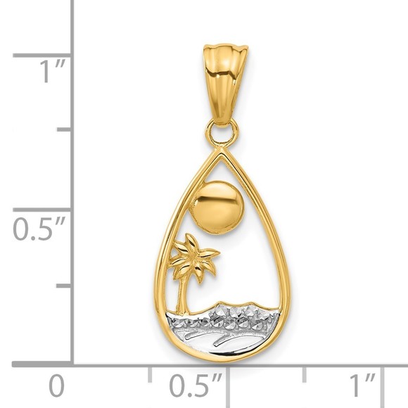 14K Gold with White Rhodium Diamond Cut Ocean Scene Teardrop Pendant - Picture 2 of 4